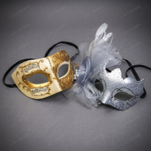 Elegant Venetian Music Notes and Side Flower Feathers Couples Masquerade Eye Masks - Gold Silver