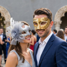 Elegant Venetian Music Notes and Side Flower Feathers Couples Masquerade Eye Masks - Gold Silver