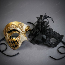 Venetian Phantom Harlequin and Black Lace Feathered Couples Masquerade Masks - Gold Black