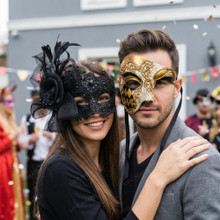 Venetian Phantom Harlequin and Black Lace Feathered Couples Masquerade Masks - Gold Black