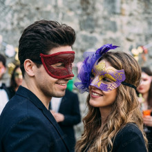 Elegant Glitter Feather Flower Couple Women Men Masquerade Mask - Maroon Purple Gold