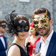 Mythical Horned Gold Devil And Black Feathered Lace Couples Masquerade Mask - Gold Black