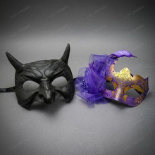 Venetian Devil Horns And Elegant Purple Flower Lace Couple Masquerade Masks - Black Purple Gold