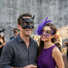 Venetian Devil Horns And Elegant Purple Flower Lace Couple Masquerade Masks - Black Purple Gold