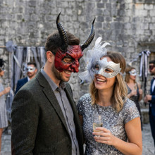 Demonic Horned Devil And Elegant Floral Feathered Women Masquerade Eyes Mask - Red Silver