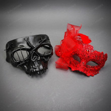 Gothic Barb Wire Skull and Elegant Lace Feather Bow Venetian Couples Mask - Black and Red
