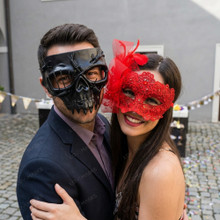 Gothic Barb Wire Skull and Elegant Lace Feather Bow Venetian Couples Mask - Black and Red