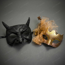 Evil Horned Demon And Elegant Gold Feather Lace Couples Masquerade Mask - Black Gold