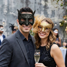 Evil Horned Demon And Elegant Gold Feather Lace Couples Masquerade Mask - Black Gold