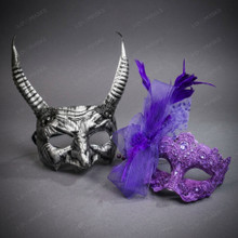 Devil Horned Silver And Elegant Feather Lace Women Masquerade Eye Mask - Silver Purple