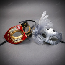 Venetian Musical Music Note and Silver Feather Flower Couples Masquerade Mask - Red Silver