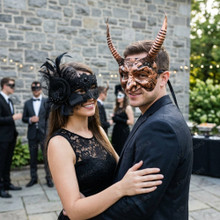 Horned Metallic Satyr Devil and Black Lace Floral Couples Masquerade Mask - Copper Black