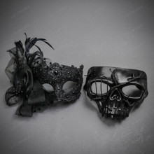 Venetian Side Feather Lace and Barbed Wire Skull Couples Masquerade Mask - Black