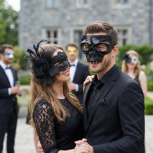 Venetian Side Feather Lace and Barbed Wire Skull Couples Masquerade Mask - Black