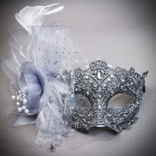 Ivory Gold Musical Venetian Mask & Silver Lace Feather Masquerade Couple Mask Set