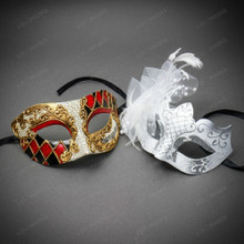 Venetian Harlequin and Feathered Lace Women Masquerade Eye Masks - Red Gold White