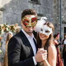 Venetian Harlequin and Feathered Lace Women Masquerade Eye Masks - Red Gold White