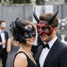 Large Horned Devil Demon And Elegant Side Feather Women Masquerade Mask - Red Black