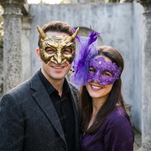 Antique Gold Horned Devil and Elegant Purple Lace Feather Mask for Couples - Gold Purple