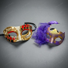 Venetian Musical Harlequin And Purple Feathered Women Men Masquerade Masks - Red Purple Gold