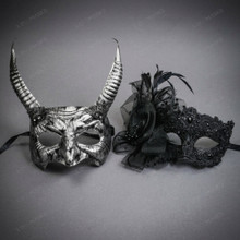 Horned Devil Beast Men and Elegant Lace Flower Women Masquerade Masks - Silver Black