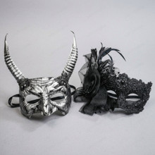 Horned Devil Beast Men and Elegant Lace Flower Women Masquerade Masks - Silver Black