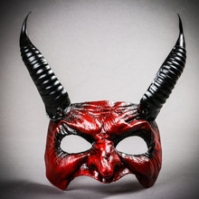 Red Devil Horn Demon Mask & Silver Feather Lace Masquerade Couple Mask Set
