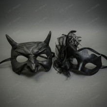 Devil Horned Mythical and Floral Feather Lace Venetian Masquerade Masks - Black