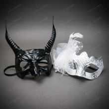 Devil Demon Horned and White Feathered Glitter Couples Masquerade Masks - Black White