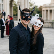 Devil Demon Horned and White Feathered Glitter Couples Masquerade Masks - Black White