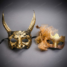 Horned Devil Satyr And Glitter Mesh Floral Women Masquerade Eye Masks - Gold Black