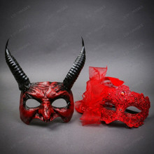 Venetian Textured Devil Horns Mesh Ribbon Lace Couples Masquerade Mask - Red Black