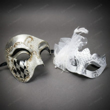 Venetian Harlequin Phantom And Feather Tulle Couples Masquerade Mask - Silver White