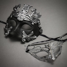 Couple's Masquerade Mask - Silver Roman Greek Pegasus Horses Venetian Mask & Silver Luxury Princess Laser Cut Mask