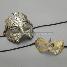 Silver Roman Greek Warrior Masquerade Mask & Gold Princess Diamond Venetian Mask - Couple