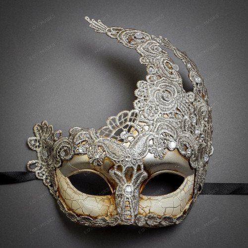 Women Venetian Masquerade Lace Mask - Silver Grey