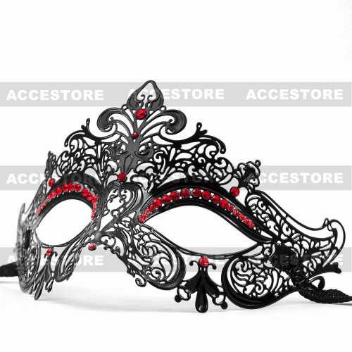 Party Queen Venetian Mask Sparkling Red Rhinestone-Black - 3
