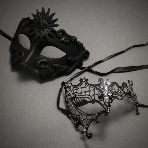 Black Full Face Greek Emperor and Black Silver Phantom Mask for Couple