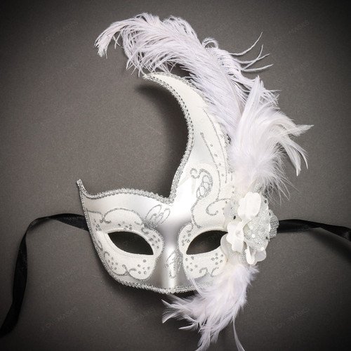 Masquerade Side Feather Glitter Venetian Costume Prom Mask-White