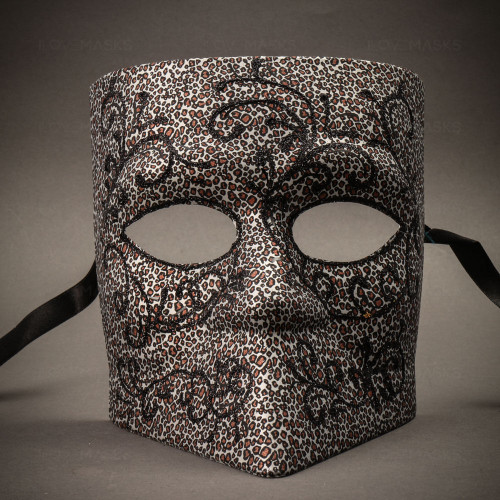Bauta Mask With Black Glitter Venetian Mask -Grey Leopard