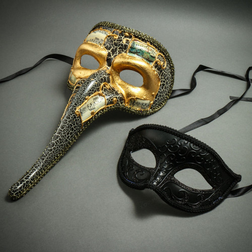 Venetian Zanny Style Long Nose & Black Glitter Lining Eye Mask Party Prom Masquerade for Couple