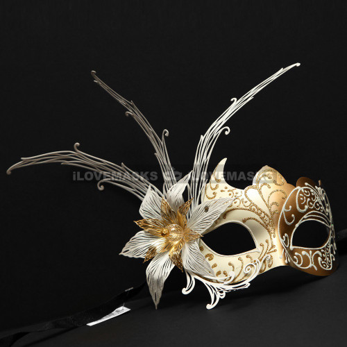 New Shiny Side Flower Venetian Masquerade Party Mask - Gold White - 4