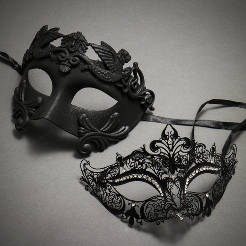 Couple's Masquerade Masks - Black Venetian Greek Roman Warrior King & Royal Queen Laser Cut Mask