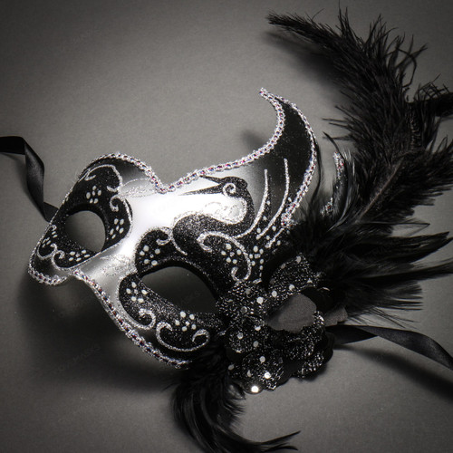 Venetian Half Moon Masquerade Feather Mask - Gold Black