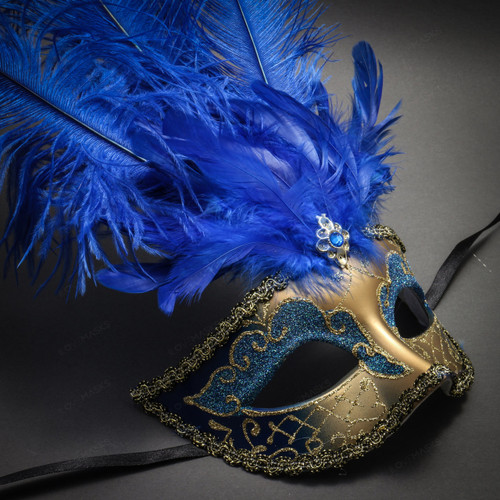Venetian Glitter Crystal Masquerade Party Mask with Feather and Stick -  White Gold