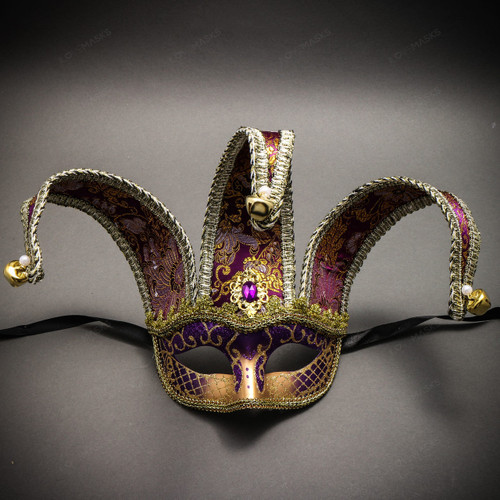 Jester Joker Venetian Half Face Mask with Bells - Purple Gold