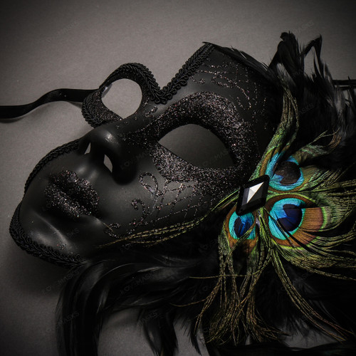 Venetian Glitter Half Moon Party Mask with Peacock Feather - Black
