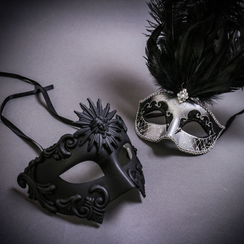 Black Roman Greek Emperor & Silver Mardi Gras Eye Mask with Top Black Feather Couple Masks Set