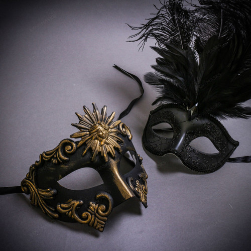 Black Gold Roman Greek Emperor & Black Mardi Gras Eye Mask with Top Feather Couple Masks Set
