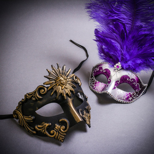 Black Gold Roman Greek Emperor & Silver Mardi Gras Eye Mask with Top Purple Feather Couple Masks Set